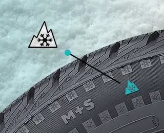 A winter tire with the Three-Peak Mountain Snowflake Symbol.